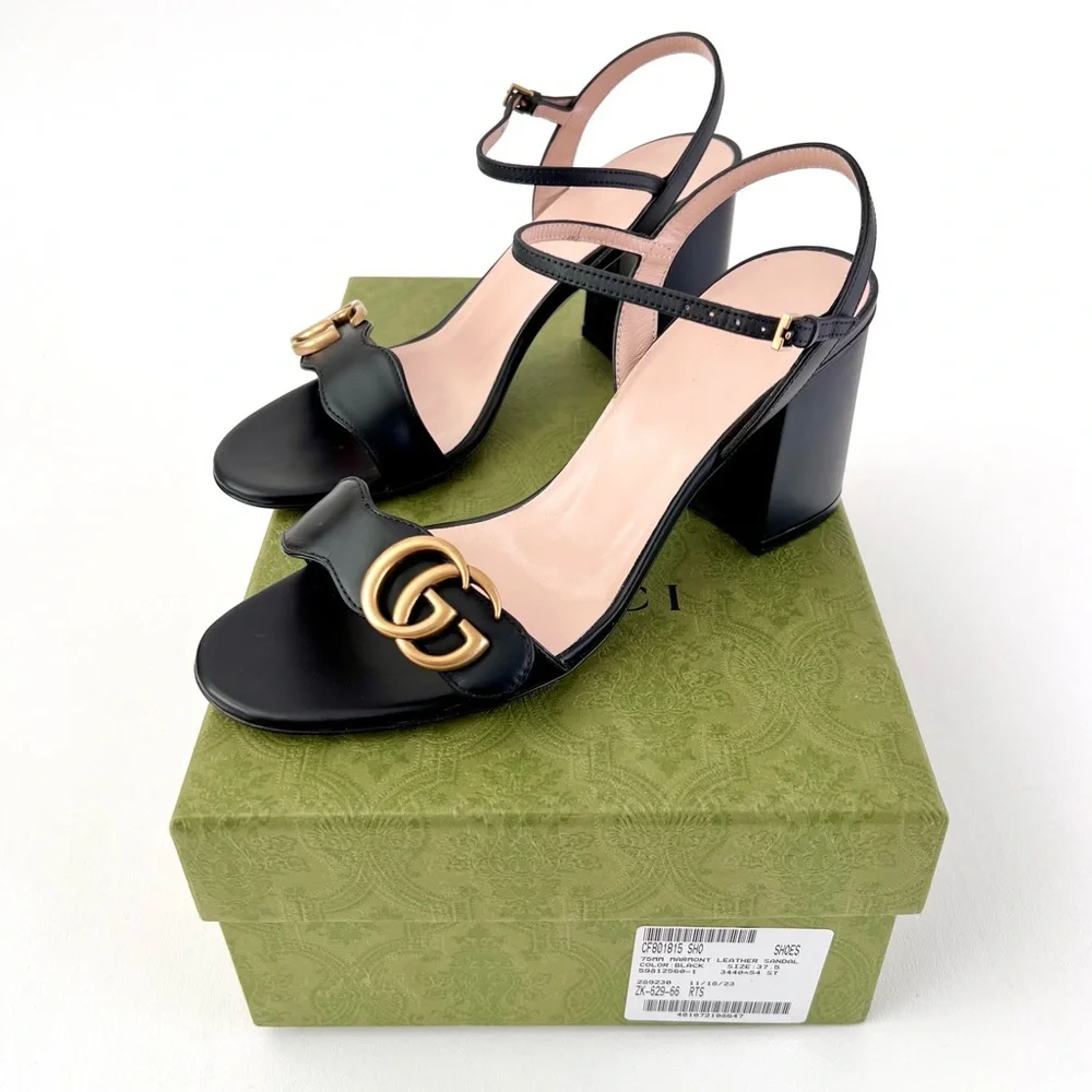 GUCCI | Marmont Double GG Black Leather Mid Heel Block Sandal EU 37.5 US 7.5 - Picture 2 of 14